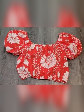 Haute Hippie red floral linen puff sleeve crop top Boho Medium Linen Blend